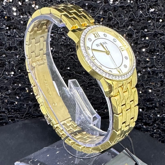 Women's (NWT) Gold Bulova with Crystal Bezel, and Mother Of Pearl & Diamond Face - Picture 3 of 3